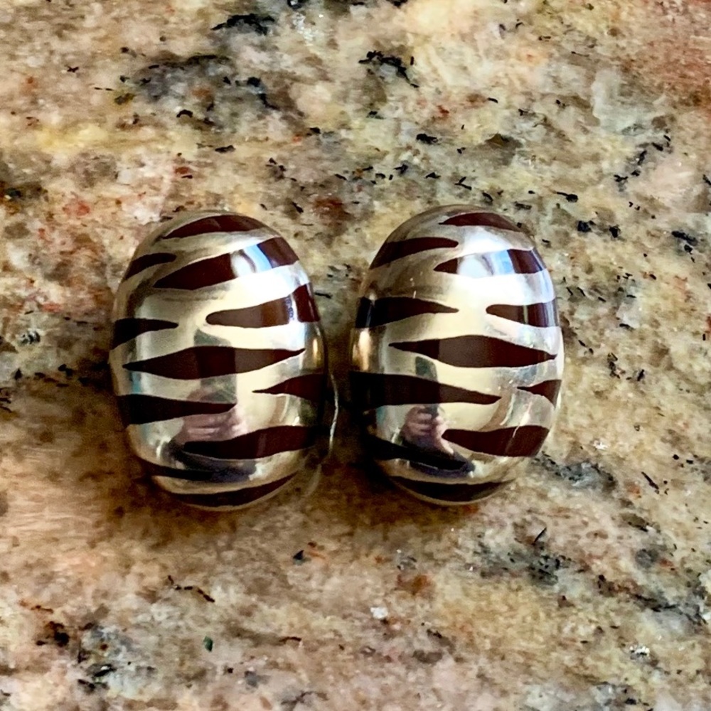 Vintage Italy Sterling Silver Clip Earrings animal print enamel Jewelry Italian